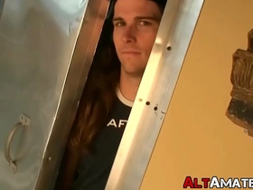 Sexy tattooed amateur jock jerks off while voyeur watches