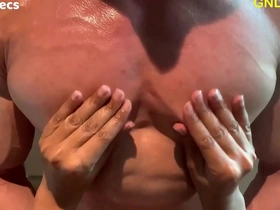 Nipples of the hunk are licked and adored while being brought to the brink.