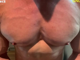 Muscular Asian man with oiled up chest gets nipple worship and edging