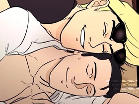 Hardcore scene with a muscle man and an anime lover
