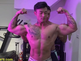 Fitness trainer has a crush on an Asian model and enjoys nipple play and worship.